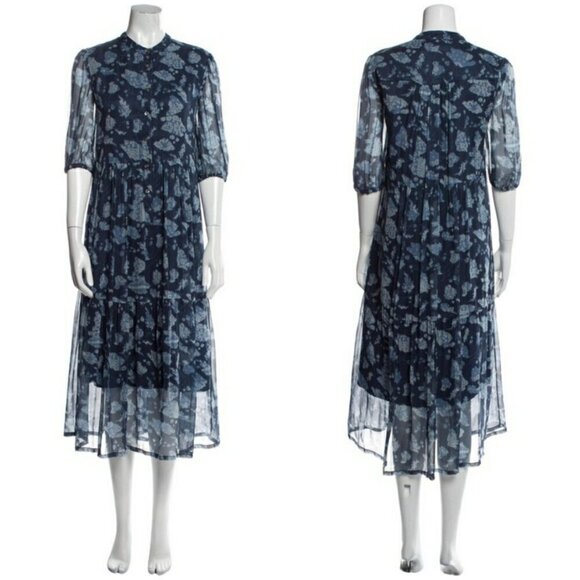 đź’•RAQUEL ALLEGRAđź’• Peasant Tiered Dress ~100% Silk Navy Blue Print Medium - Picture 8 of 16